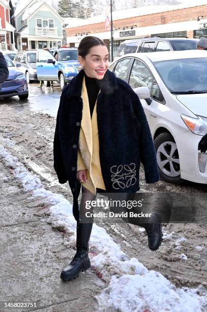 Actress Emilia Clarke walks along Main Street during the 2023 Sundance Film Festival on January 20, 2023 in Park City, Utah.