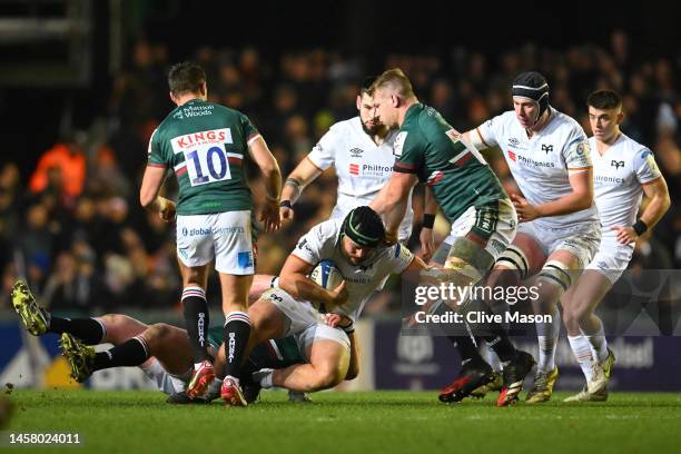 Nicky Smith of Ospreys is tackled during the Heineken Champions Cup Pool B match between Leicester Tigers and Ospreys at Mattioli Woods Welford Road...