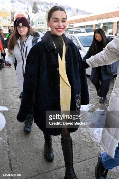 Actress Emilia Clarke walks along Main Street during the 2023 Sundance Film Festival on January 20, 2023 in Park City, Utah.