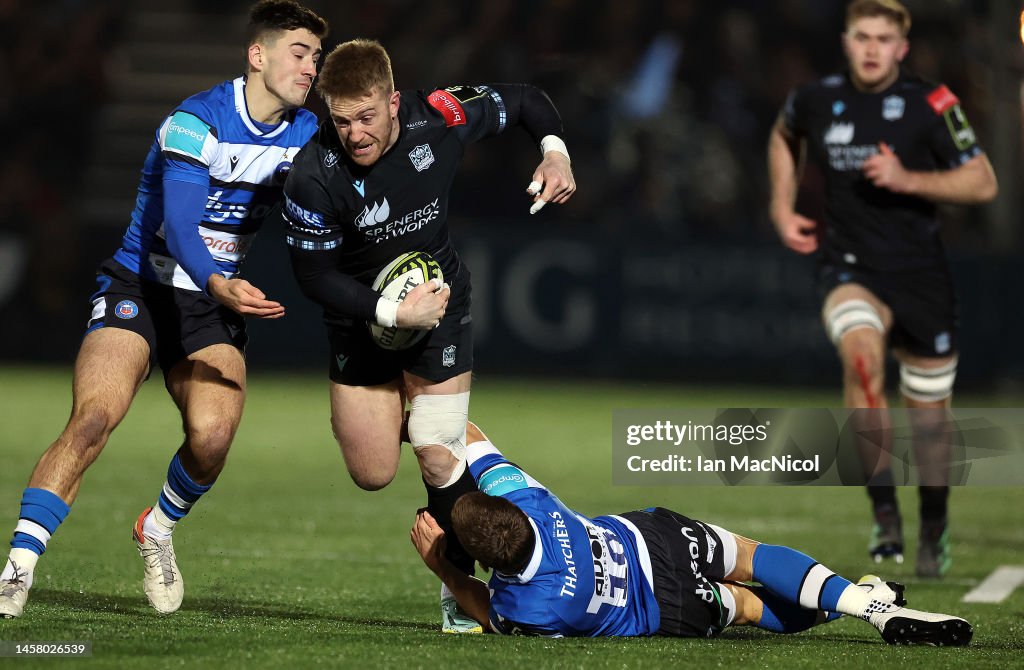 Kyle Inclair Rugby Kyle Steyn of Glasgow Warriors is tackled by Piers Francis of Bath ...