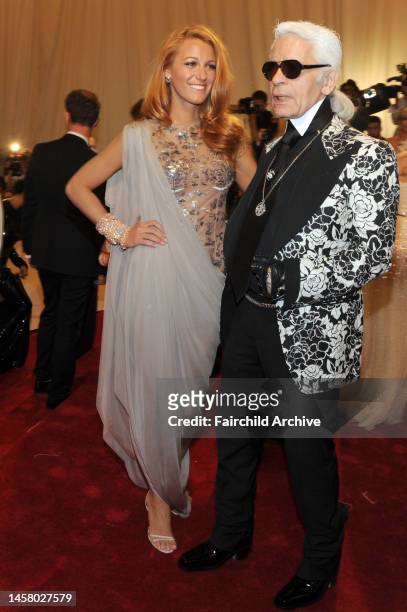 Blake Lively and Karl Lagerfeld attend the Metropolitan Museum of Artâ€™s 2011 Costume Institute Gala featuring the opening of the exhibit Alexander...
