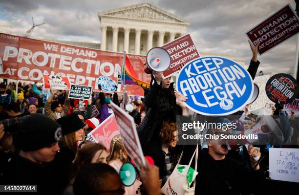 Abortion-rights supporters stage a counter protest during the 50th annual March for Life rally on the National Mall on January 20, 2023 in...
