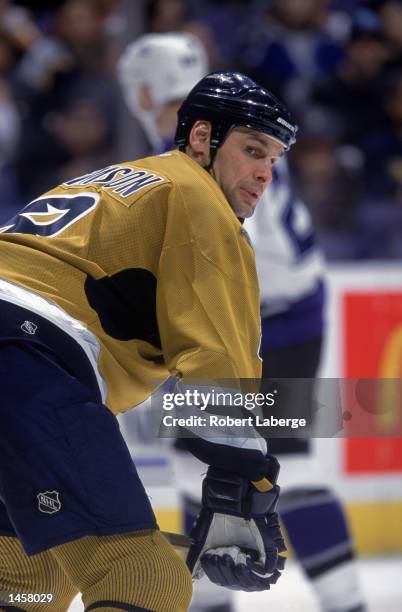 Left wing Stu Grimson of the Nashville Predators waits for the faceoff during an NHL game against the Los Angeles Kings at the Staples Center in Los...