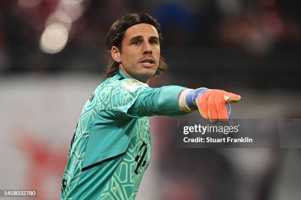 Yann Sommer of RB Bayern Munich gestures during the Bundesliga match between RB Leipzig and FC Bayern Muenchen at Red Bull Arena on January 20, 2023...