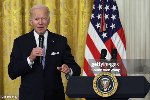 President Joe Biden speaks to mayors from across the country during an event at the East Room of the White House on January 20, 2023 in Washington,...