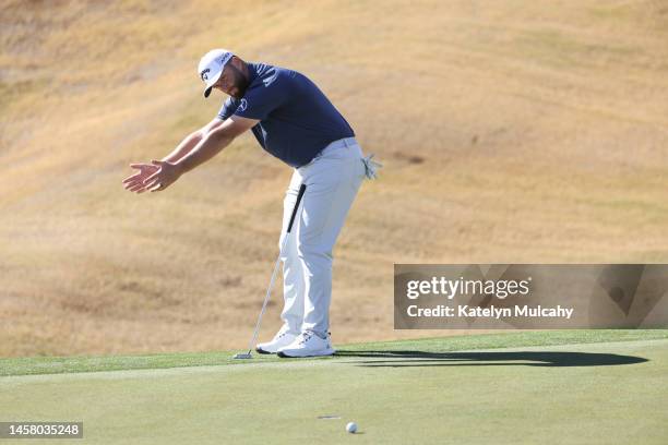 Jon Rahm of Spain reacts to his putt on the first green during the second round of The American Express at PGA West Nicklaus Tournament Course on...