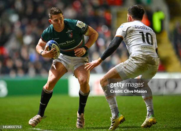 Freddie Steward of Leicester Tigers runs at Owen Williams of Ospreys during the Heineken Champions Cup Pool B match between Leicester Tigers and...