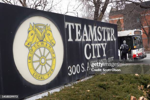 Sign sits outside of the Teamsters hall on January 20, 2023 in Chicago, Illinois. Despite unions adding more than 270,000 workers to their ranks in...