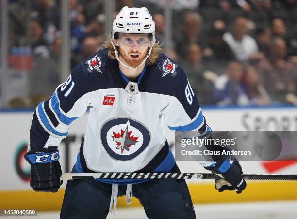 Kyle Connor of the Winnipeg Jets waits for play to resume against the Toronto Maple Leafs during an NHL game at Scotiabank Arena on January 19, 2023...