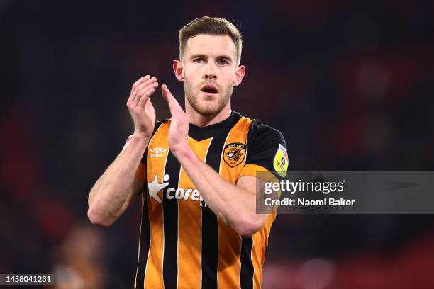 Callum Elder of Hull City applauds the fans after the Sky Bet Championship match between Sheffield United and Hull City at Bramall Lane on January...