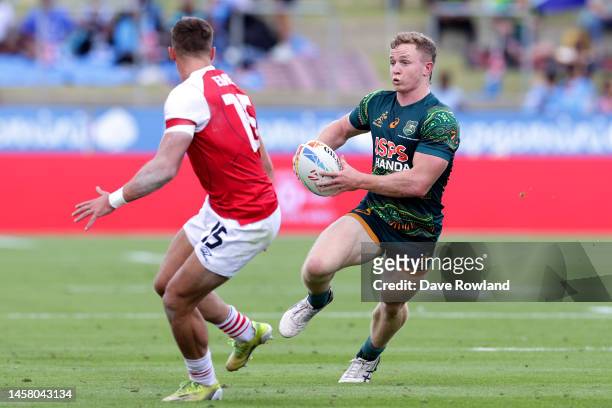 Henry Hutchison of Australia in action during the 2023 HSBC Sevens match between Great Britain and Australia at FMG Stadium on January 21, 2023 in...