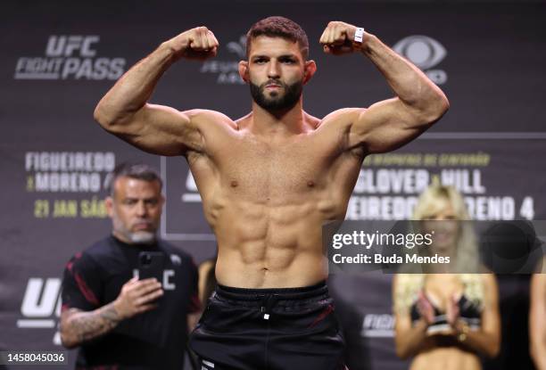 Thiago Moises of Brazil poses on the scale during the UFC 283 weigh-in at Jeunesse Arena on January 20, 2023 in Rio de Janeiro, Brazil.