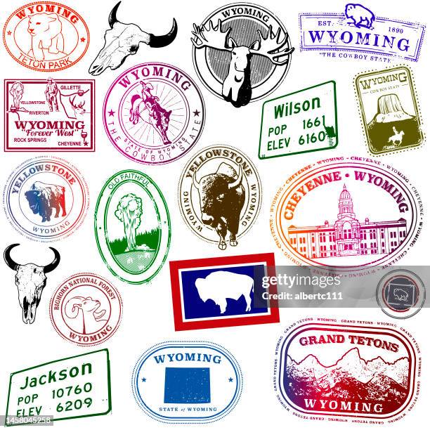 wyoming travel stamp serie - rocky mountains stock-grafiken, -clipart, -cartoons und -symbole