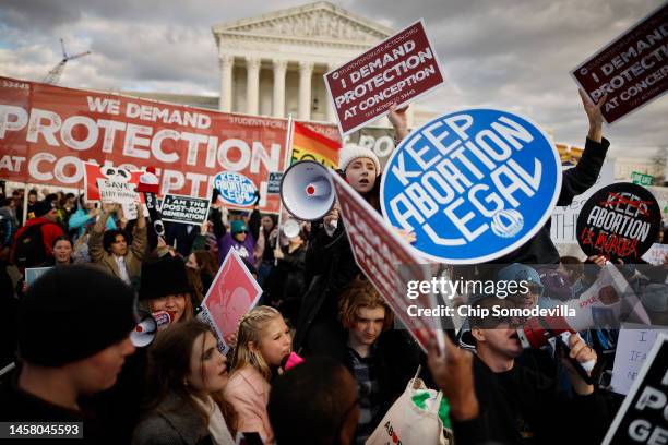 Anti-abortion and abortion rights activists protest during the 50th annual March for Life rally in front of the U.S. Supreme Court on January 20,...