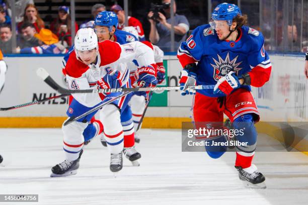 Artemi Panarin of the New York Rangers skates with the puck against the Montreal Canadiens at Madison Square Garden on January 15, 2023 in New York...