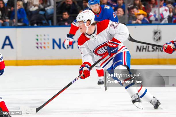 Cole Caufield of the Montreal Canadiens skates with the puck against the New York Rangers at Madison Square Garden on January 15, 2023 in New York...