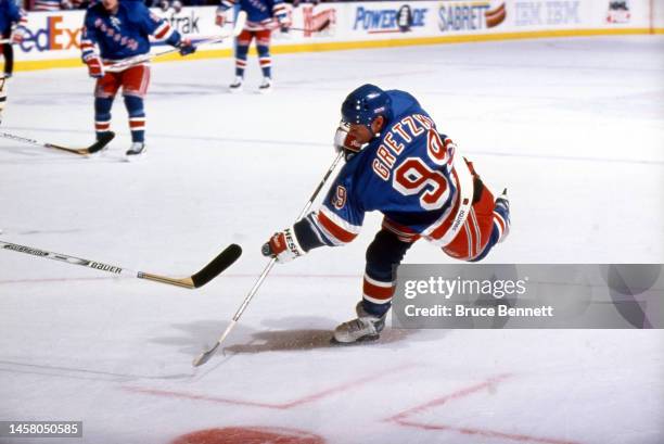 Canadian hockey player Wayne Gretzky, forward of the New York Rangers, skates on the ice in his last professional hockey game, Madison Square Garden,...