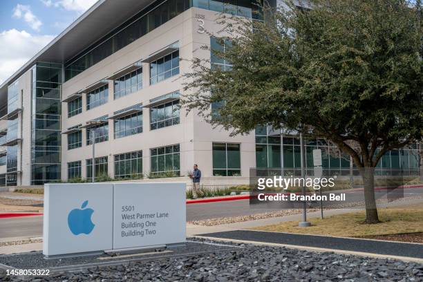 An Apple Inc sign is seen at the Apple Campus on January 20, 2023 in Austin, Texas.