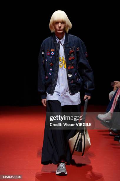 Model walks the runway during the Kenzo Ready to Wear Fall/Winter 2023-2024 fashion show as part of the Paris Men Fashion Week on January 20, 2023 in...