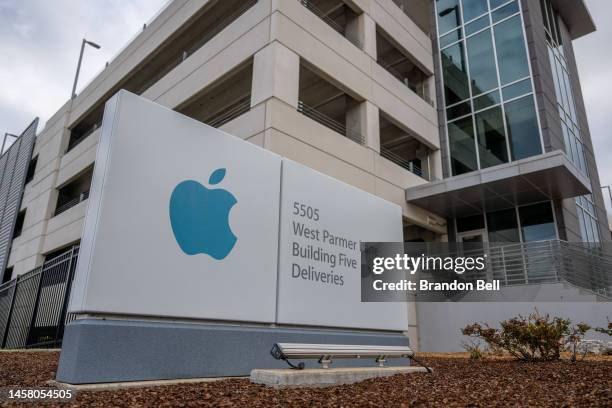 An Apple Inc sign is seen at the Apple Campus on January 20, 2023 in Austin, Texas.