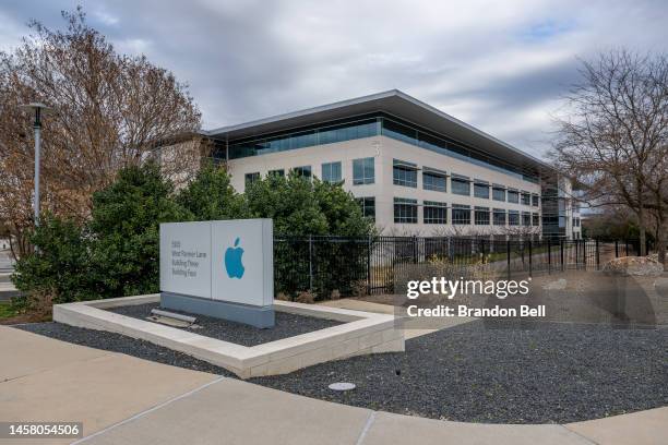 An Apple Inc sign is seen at the Apple Campus on January 20, 2023 in Austin, Texas.