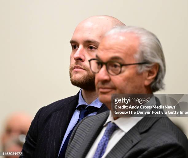 Former Aurora Police officer Jason Rosenblatt, left, with attorney Harvey Steinberg at an arraignment hearing in the Adams County district court at...