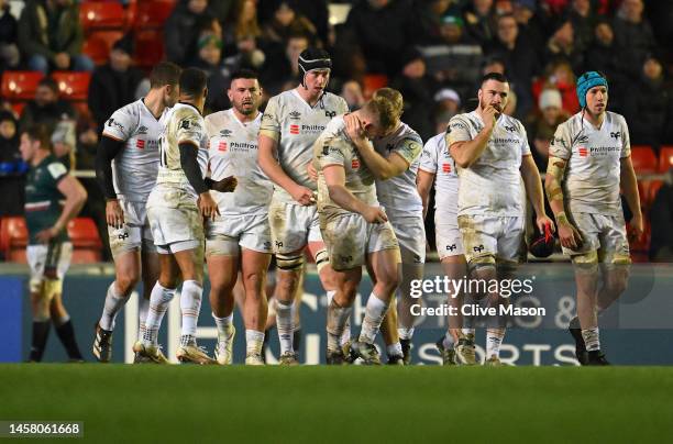 Ospreys celebrate their narrow victory during the Heineken Champions Cup Pool B match between Leicester Tigers and Ospreys at Mattioli Woods Welford...