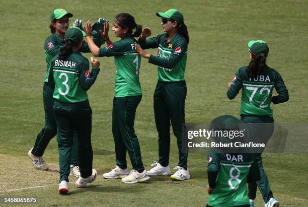 Fatima Sana of Pakistan celebrates taking the wicket of Phoebe Litchfield of Australia during game three of the Women's One Day International Series...