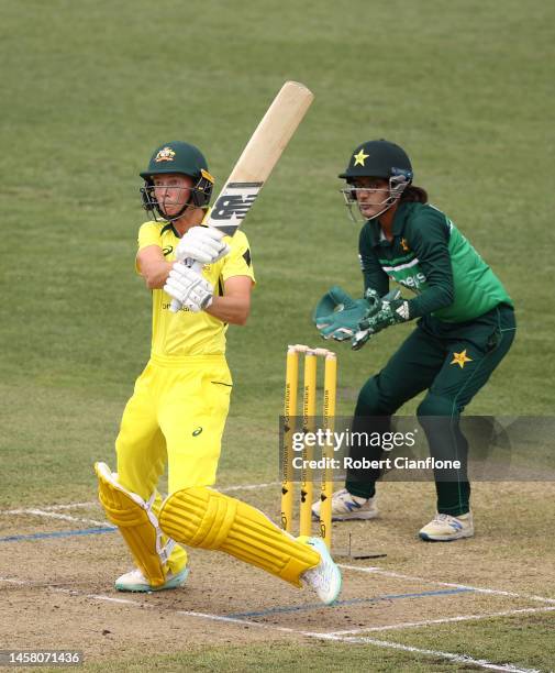 Meg Lanning of Australia bats during game three of the Women's One Day International Series between Australia and Pakistan at North Sydney Oval on...