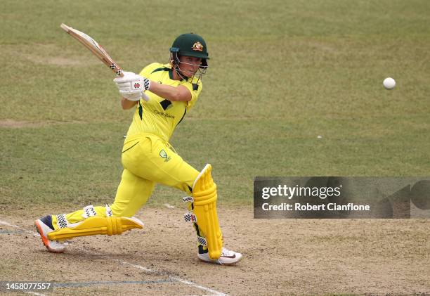 Beth Mooney of Australia bats during game three of the Women's One Day International Series between Australia and Pakistan at North Sydney Oval on...
