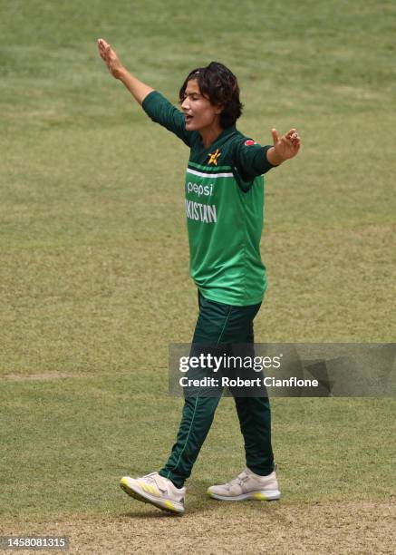 Diana Baig of Pakistan celebrates taking the wicket of Meg Lanning of Australia during game three of the Women's One Day International Series between...