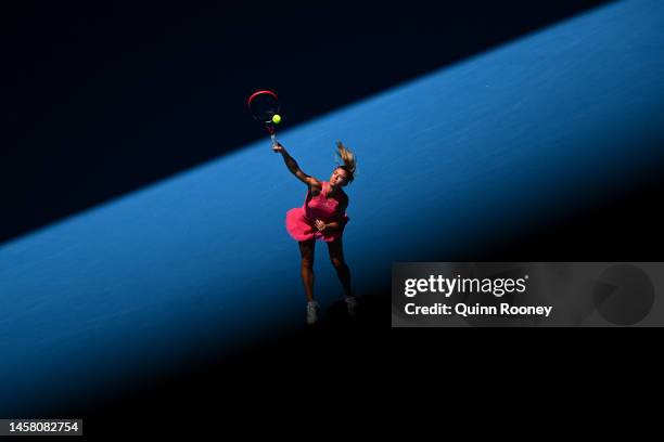 Camila Giorgi of Italy serves during the third round singles match against Belinda Bencic of Switzerland during day six of the 2023 Australian Open...