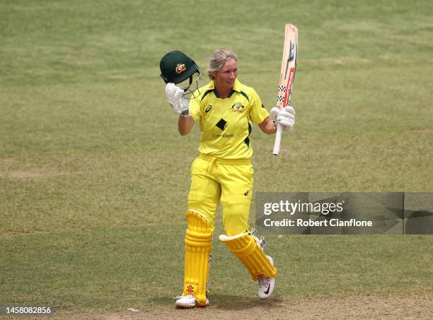 Beth Mooney of Australia celebrates after scoring her century during game three of the Women's One Day International Series between Australia and...