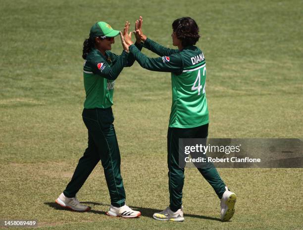 Diana Baig of Pakistan celebrates taking the wicket of Tahlia McGrath of Australia during game three of the Women's One Day International Series...