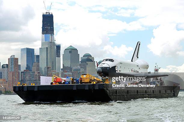 Space Shuttle Enterprise is transported to the Intrepid Sea, Air & Space Museum on June 6, 2012 in New York City.