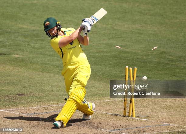 Kim Garth of Australia is bowled by Fatima Sana of Pakistan during game three of the Women's One Day International Series between Australia and...