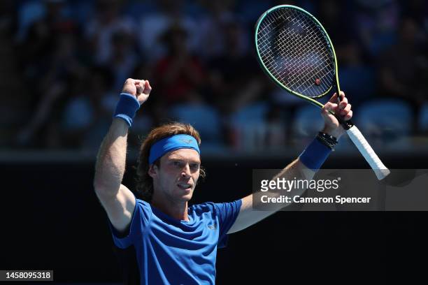 Andrey Rublev celebrates match point during the third round singles match against Daniel Evans of Great Britain during day six of the 2023 Australian...