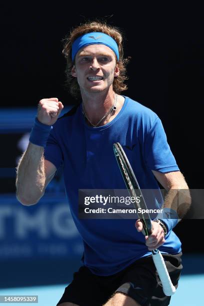 Andrey Rublev celebrates match point during the third round singles match against Daniel Evans of Great Britain during day six of the 2023 Australian...