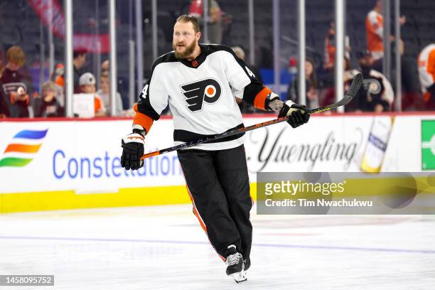 Nicolas Deslauriers of the Philadelphia Flyers warms up against the Chicago Blackhawks at Wells Fargo Center on January 19, 2023 in Philadelphia,...