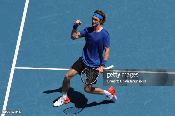 Andrey Rublev celebrates match point during the third round singles match against Daniel Evans of Great Britain during day six of the 2023 Australian...