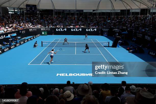 Moyuka Uchijima of Japan and Xinyu Wang of China compete against Coco Gauff of the United States and Jessica Pegula of the United States on Court 3...