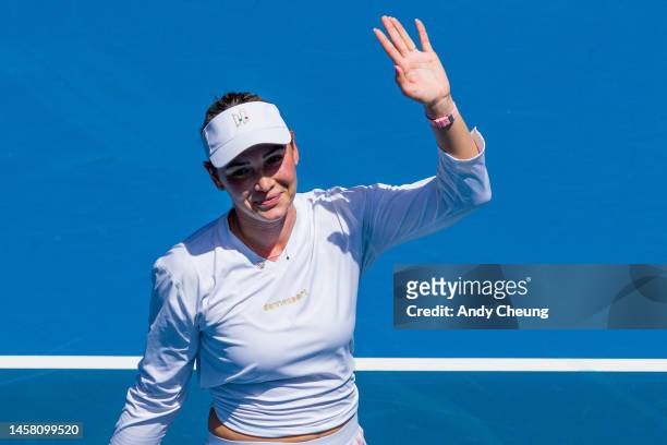 Donna Vekic of Croatia celebrates victory in the third round singles match against Nuria Parrizas Diaz of Spain during day six of the 2023 Australian...