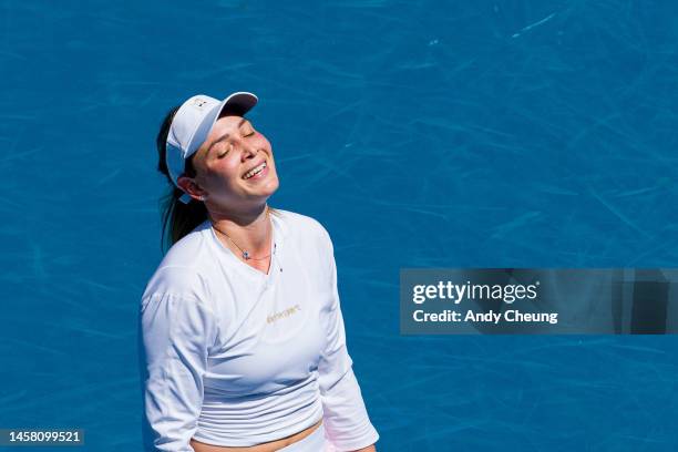 Donna Vekic of Croatia celebrates victory in the third round singles match against Nuria Parrizas Diaz of Spain during day six of the 2023 Australian...