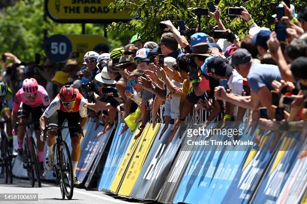 Bryan Coquard of France and Team Cofidis sprint at finish line to win the 23rd Santos Tour Down Under 2023, Stage 4 a 133,2km stage from Port...