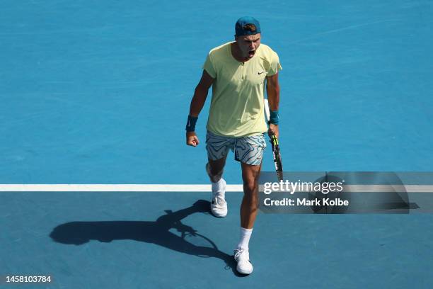 Holger Rune of Denmark celebrates match point during the third round singles match against Ugo Humbert of France during day six of the 2023...