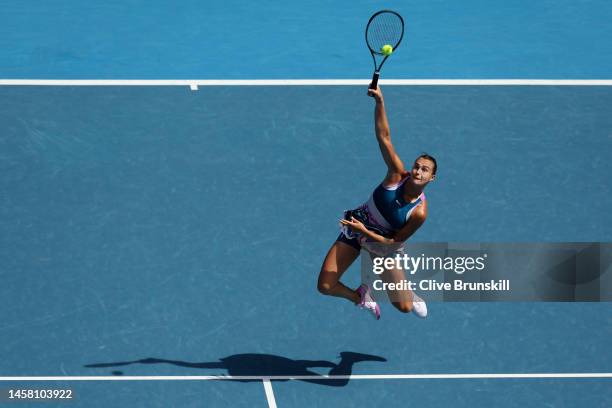 Aryna Sabalenka plays a shot during the third round singles match against Elise Mertens of Belgium during day six of the 2023 Australian Open at...