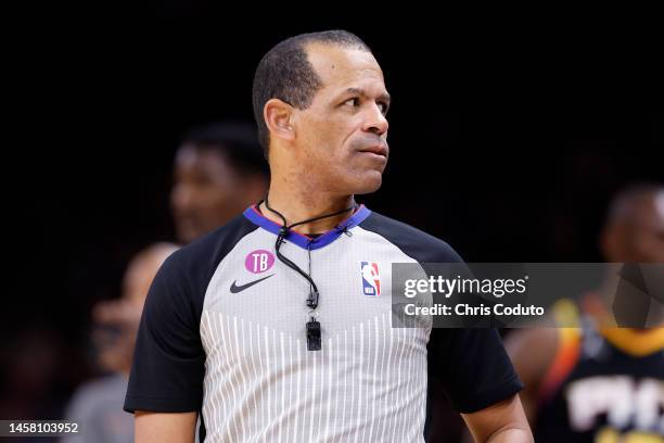 Referee Eric Lewis during the game between the Phoenix Suns and the Brooklyn Nets at Footprint Center on January 19, 2023 in Phoenix, Arizona. The...