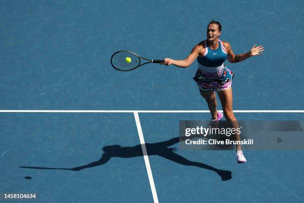 Aryna Sabalenka plays a forehand during the third round singles match against Elise Mertens of Belgium during day six of the 2023 Australian Open at...