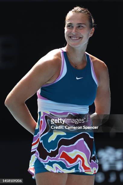 Aryna Sabalenka celebrates match point during the third round singles match against Elise Mertens of Belgium during day six of the 2023 Australian...