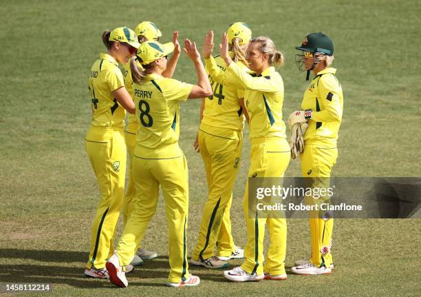 Ashleigh Gardner of Australia celebrates taking the wicket of Sidra Amin of Pakistan during game three of the Women's One Day International Series...